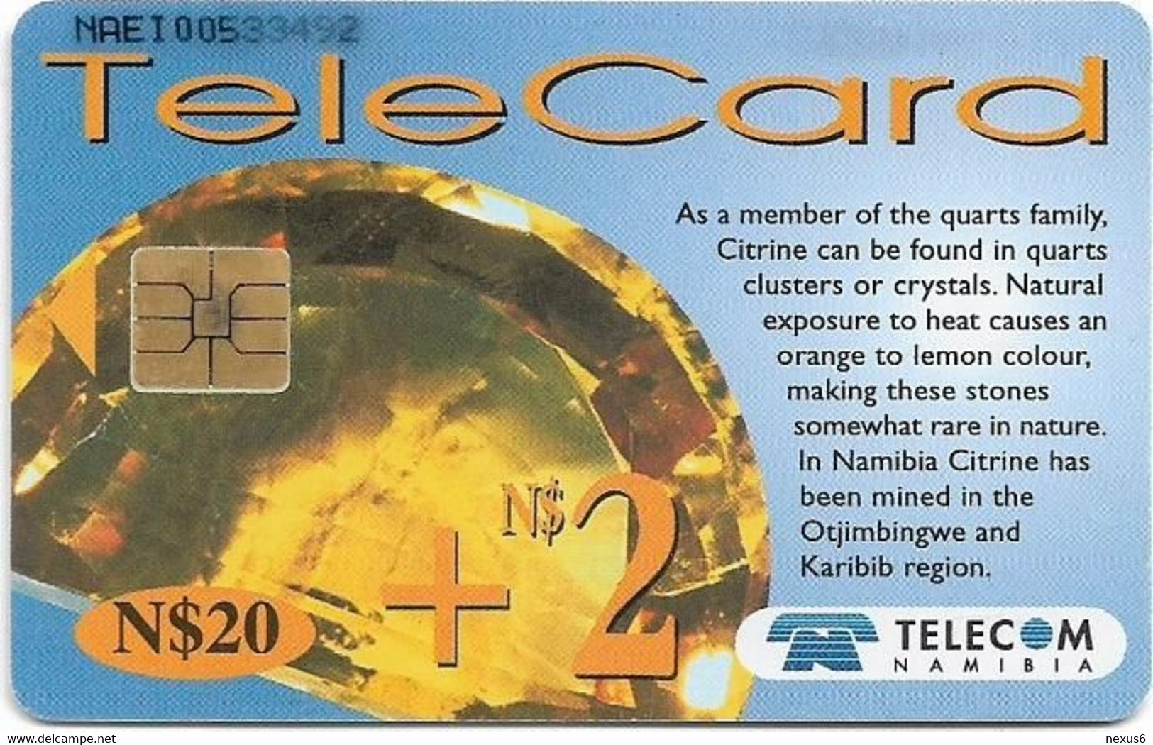 Namibia - Telecom Namibia - Gemstones, Citrine, Solaic, 2000, 20+2$, Used - Namibië