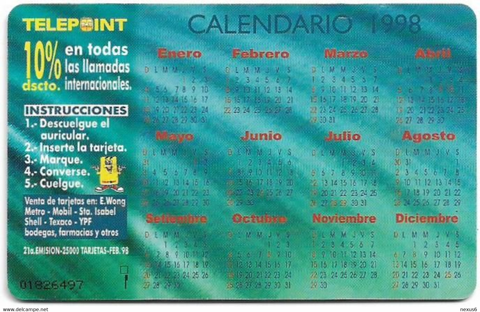 Peru - Telepoint - Verano '98 - Calendario 6, Gem1A Symmetr. Black, 02.1998, 10Sol, 25.000ex, Used - Pérou