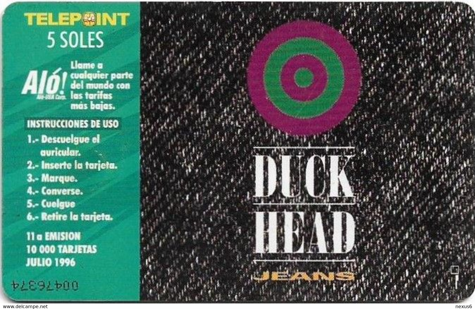 Peru - Telepoint - Duck Head Jeans, Gem2 Black, 07.1996, 5Sol, 10.000ex, Used - Peru