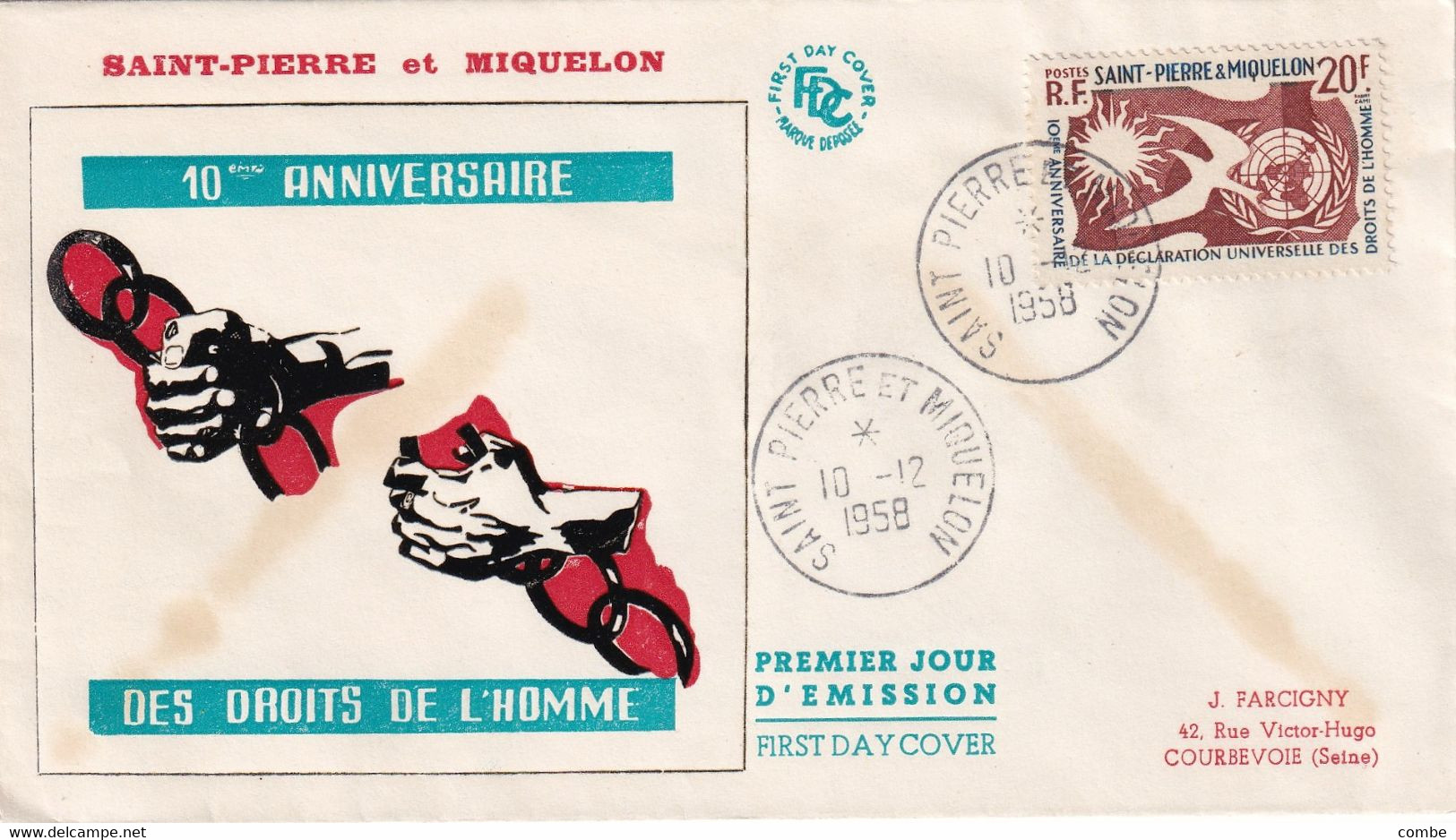 FDC. ST PEIRRE ET MIQUELON. 10 12 1958. DROIT DE L'HOMME - FDC