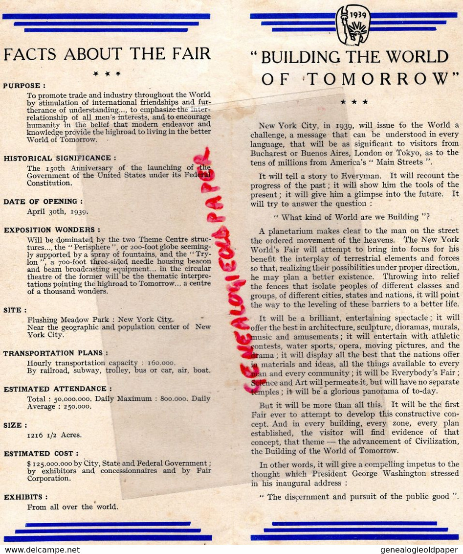 AMERIQUE ETATS UNIS -RARE DEPLIANT TOURISTIQUE THE NEW YORK WORLD'S FAIR-EMPIRE STATE BUILDING-TRYLON PERISPHERE 1939 - Reiseprospekte