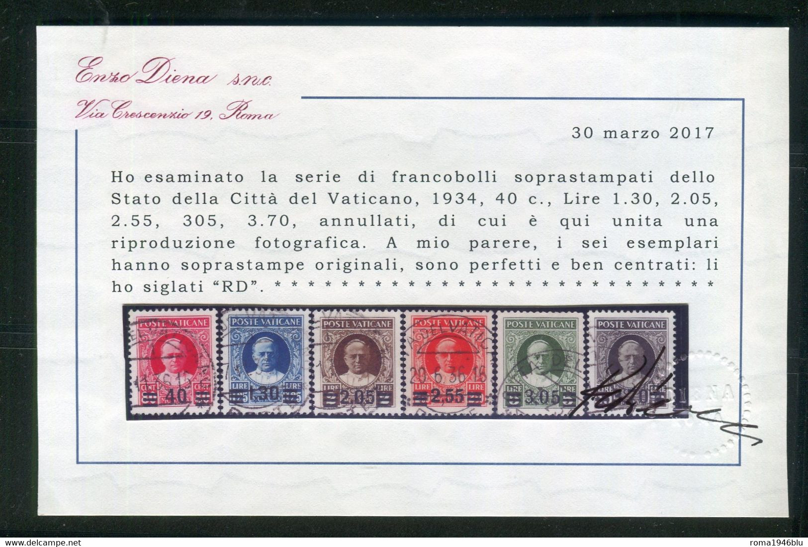 VATICANO 1934 PROVVISORIA SERIE CPL. USATA C. DIENA - Used Stamps