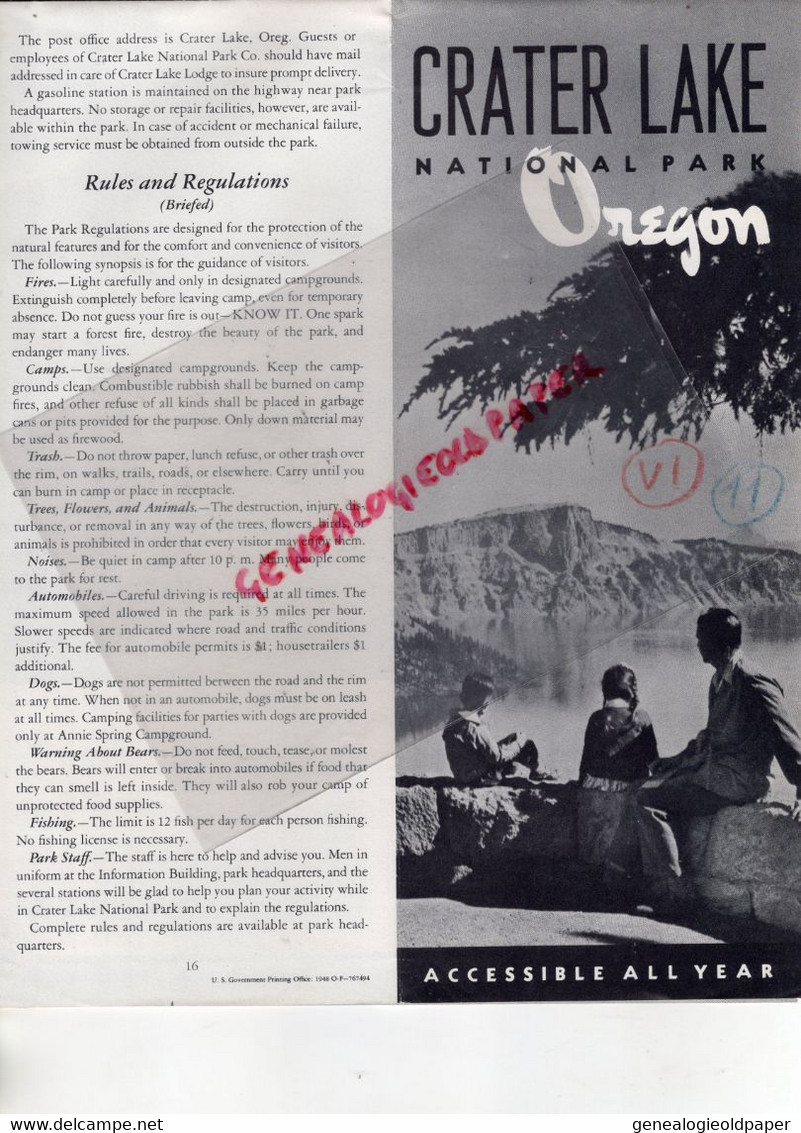 AMERIQUE ETATS UNIS -RARE DEPLIANT TOURISTIQUE CRATER LAKE NATIONAL PARK- OREGON-DRURY DIRECTOR  KRUG SECRETARY - Dépliants Turistici