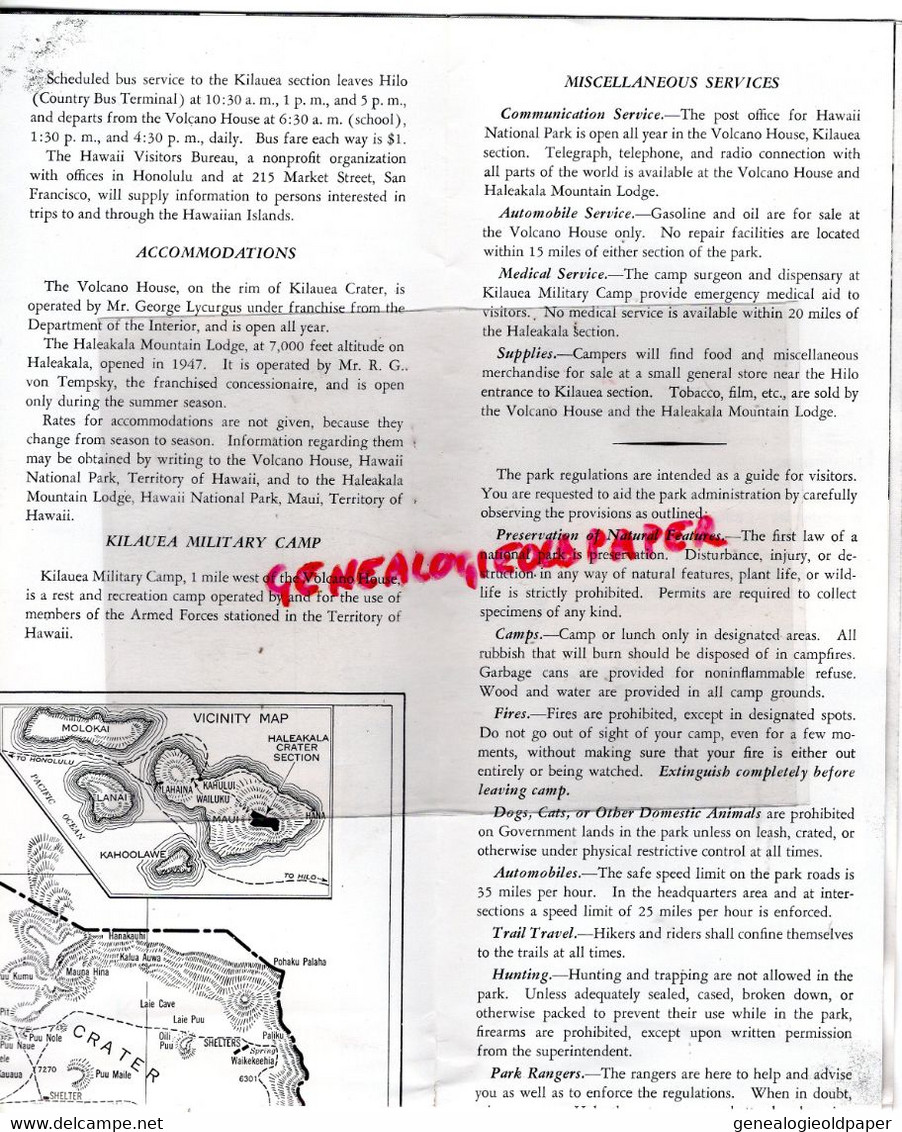 AMERIQUE ETATS UNIS -RARE DEPLIANT TOURISTIQUE HAWAI NATIONAL PARK-HALEAKALA-KILAUEA VOLCANO-MAUNA LOA 1942- KAU DESERT