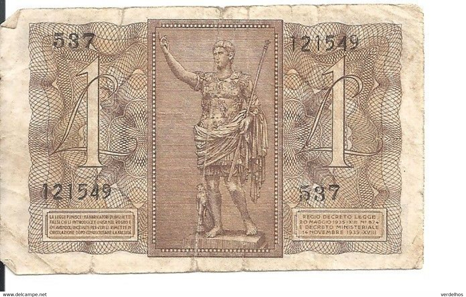 ITALIE 1 LIRA 1939 VG+ P 26 - Regno D'Italia – 1 Lire