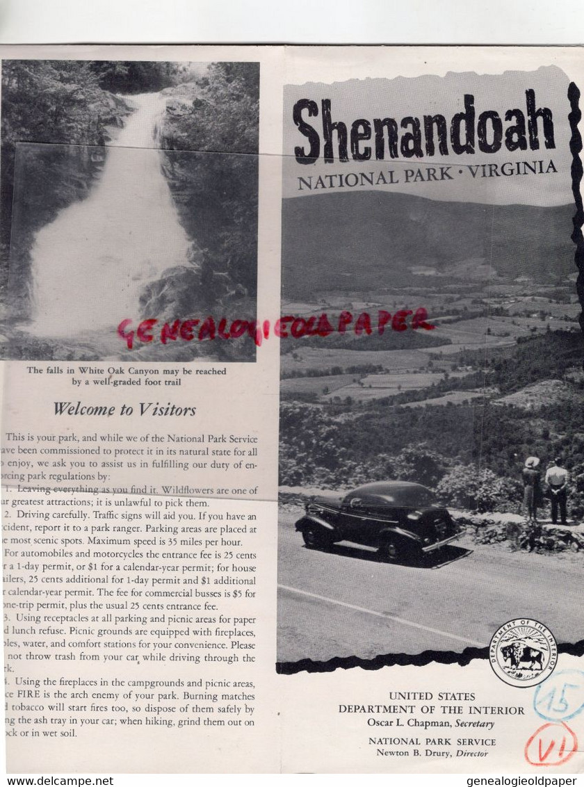 AMERIQUE ETATS UNIS -RARE DEPLIANT TOURISTIQUE SHENANDOAH  NATIONAL PARK- VIRGINIA - DRURY DIRECTOR  1949 - Toeristische Brochures