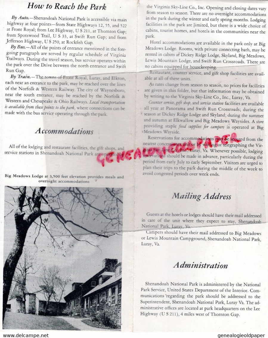 AMERIQUE ETATS UNIS -RARE DEPLIANT TOURISTIQUE SHENANDOAH  NATIONAL PARK- VIRGINIA - DRURY DIRECTOR  1949 - Dépliants Turistici