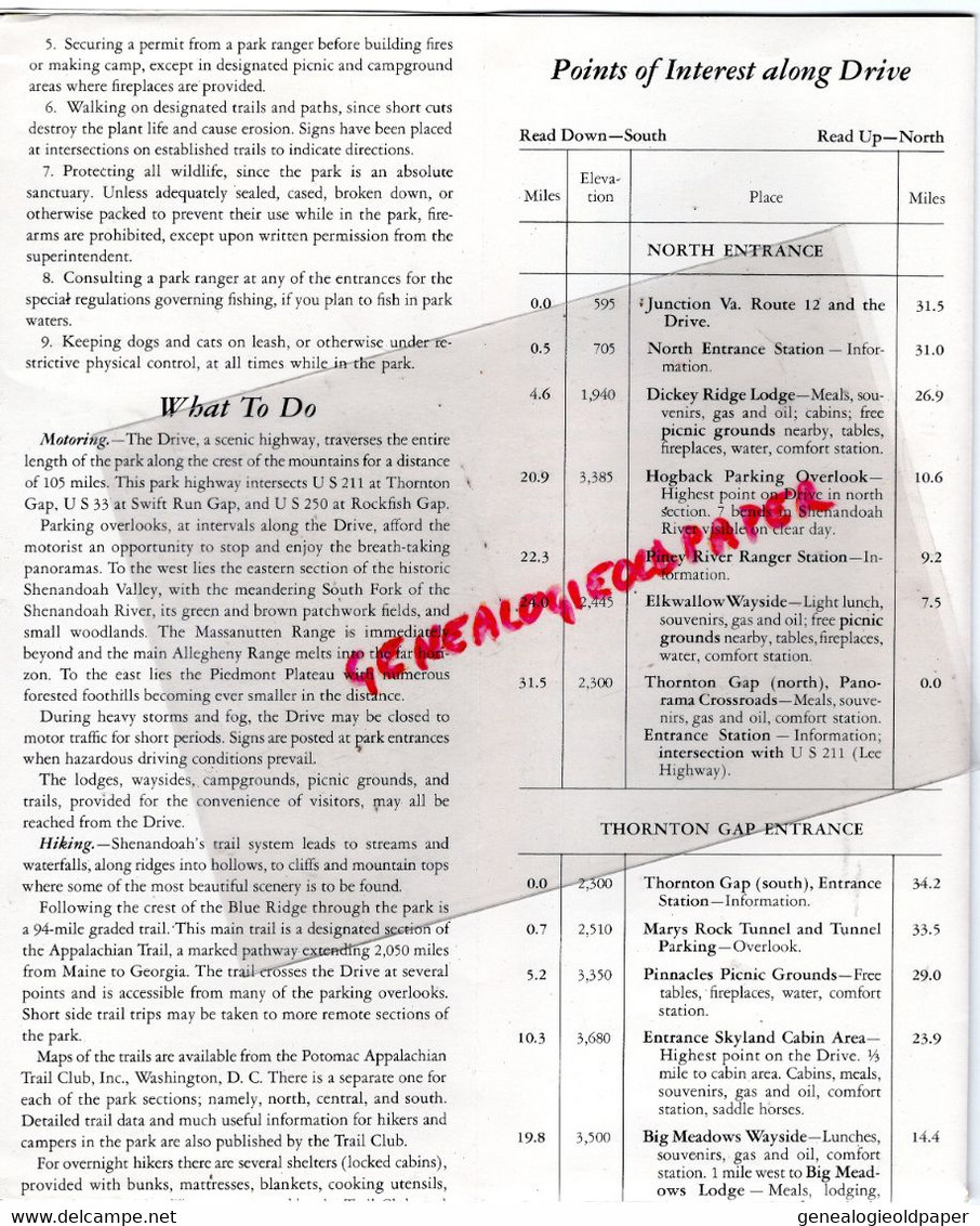 AMERIQUE ETATS UNIS -RARE DEPLIANT TOURISTIQUE SHENANDOAH  NATIONAL PARK- VIRGINIA - DRURY DIRECTOR  1949