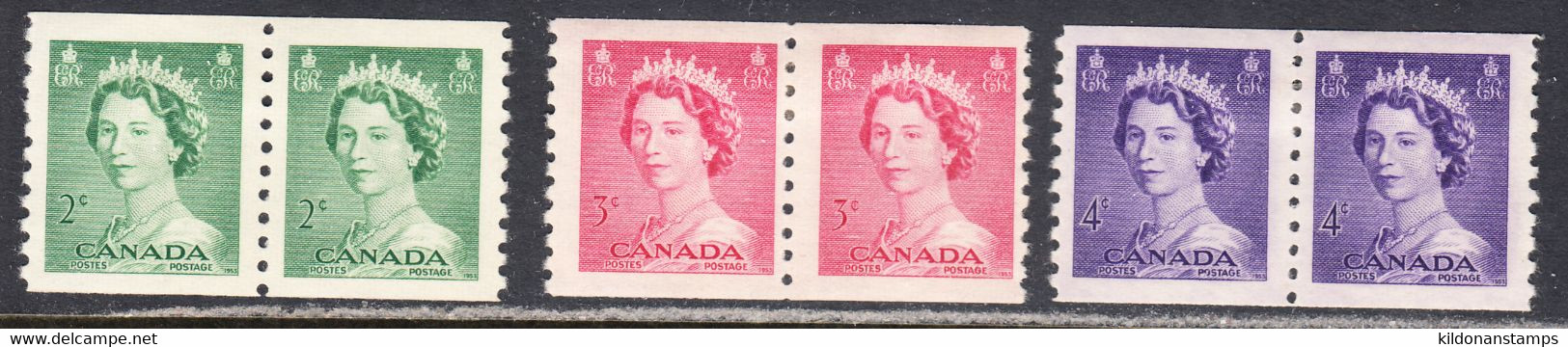 Canada 1953 Coils, Mint Mounted, Sc# 331-333, SG - Rollo De Sellos