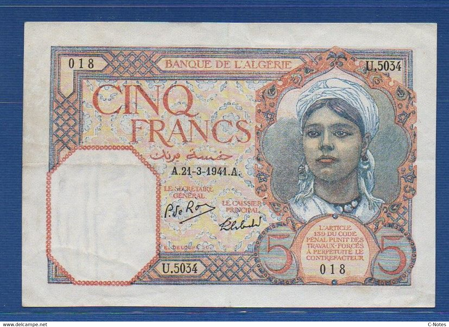 ALGERIA - P. 77b – 5 Francs 21.3.1941 VF+,  Serie U.5034 018 - Algérie