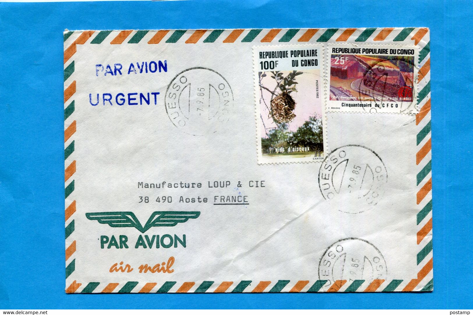 MARCOPHILIE-CONGO-lettre  >Françe Cad-OUESSO-1985-2-.stamps N°690 Nid D'oiseau+735 C FC O - Autres & Non Classés