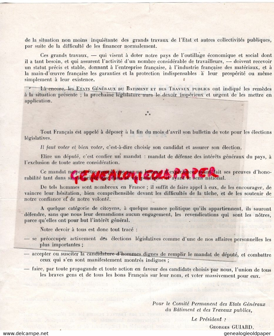 75-PARIS--ELECTIONS LEGISLATIVES 26 AVRIL 1939- ETATS GENERAUX BATIMENT TRAVAUX PUBLICS-GEORGES GUIARD PRESIDENT - Historische Dokumente