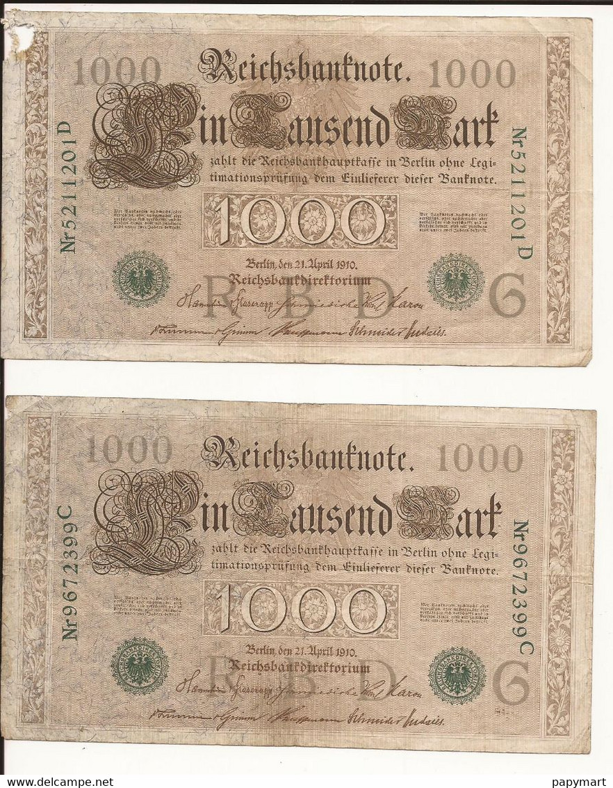 Allemagne - Lot 8 Billets 1000 Mark  . Année 1910. - 1000 Mark