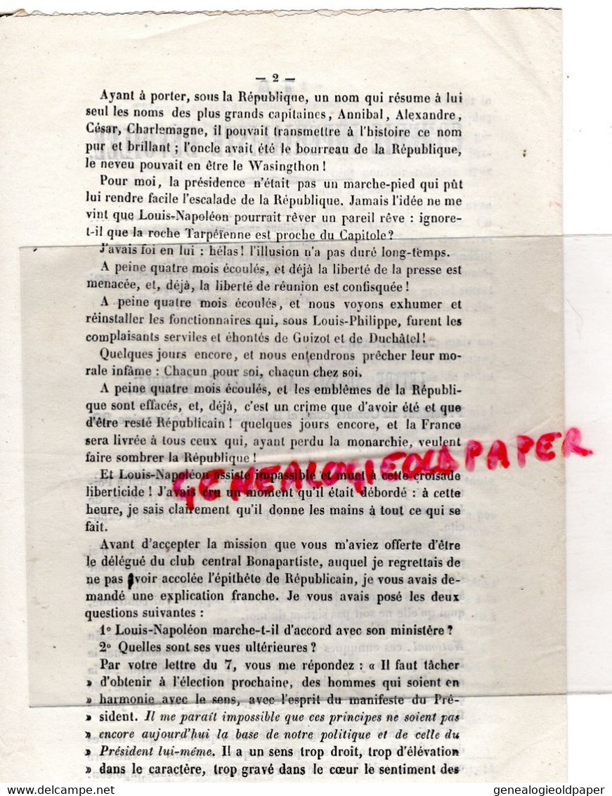 86-POITIERS -87-TROUBLES LIMOGES-LA COMEDIE IMPERIALISTE DEVOILEE-GENERAL BACHELU BONAPARTISTE PARIS- LOUIS NAPOLEON - Historische Dokumente