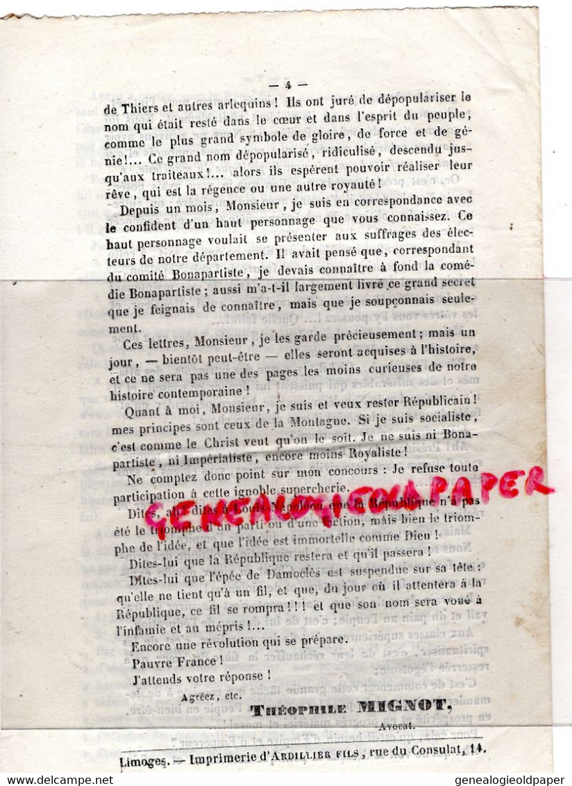 86-POITIERS -87-TROUBLES LIMOGES-LA COMEDIE IMPERIALISTE DEVOILEE-GENERAL BACHELU BONAPARTISTE PARIS- LOUIS NAPOLEON - Historische Dokumente