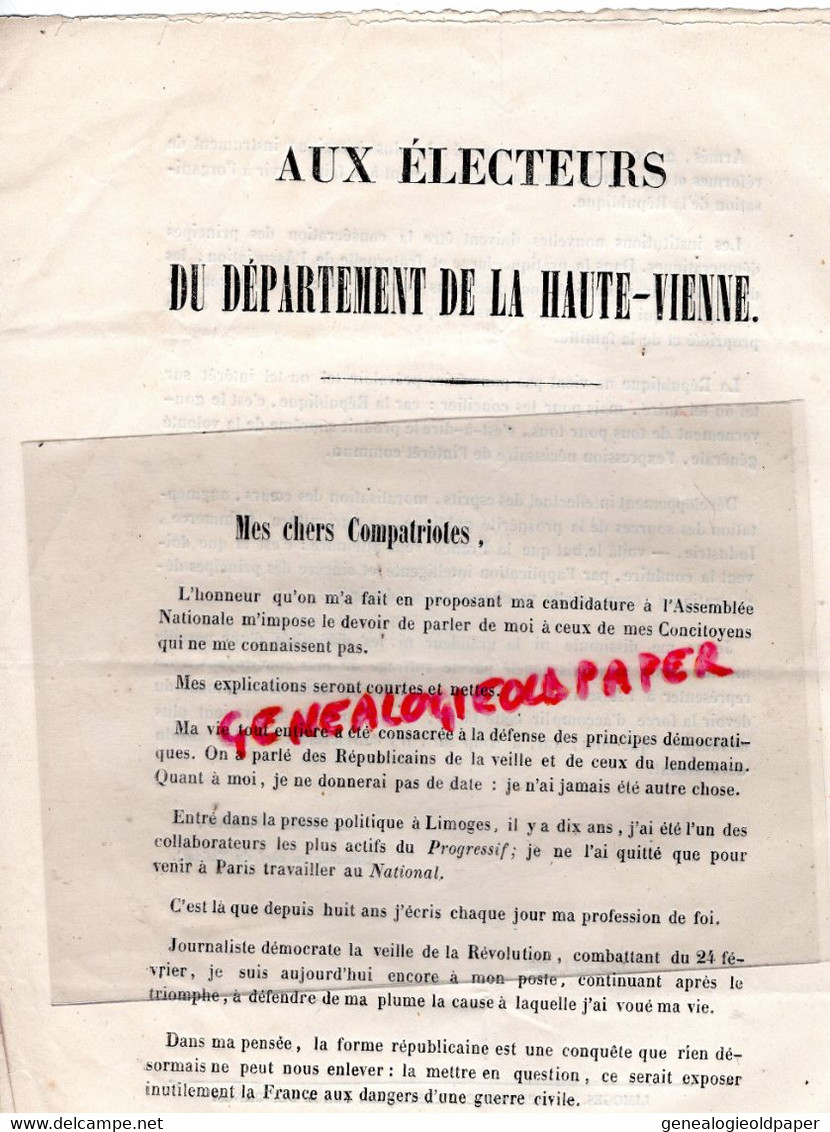 87-LIMOGES-LETTRE LEOPOLD DURAS REDACTEUR CHEF DU NATIONAL-1848-CANDIDAATURE ASSEMBLEE NATIONALE-JOURNALISTE POLITIQUE - Historische Dokumente