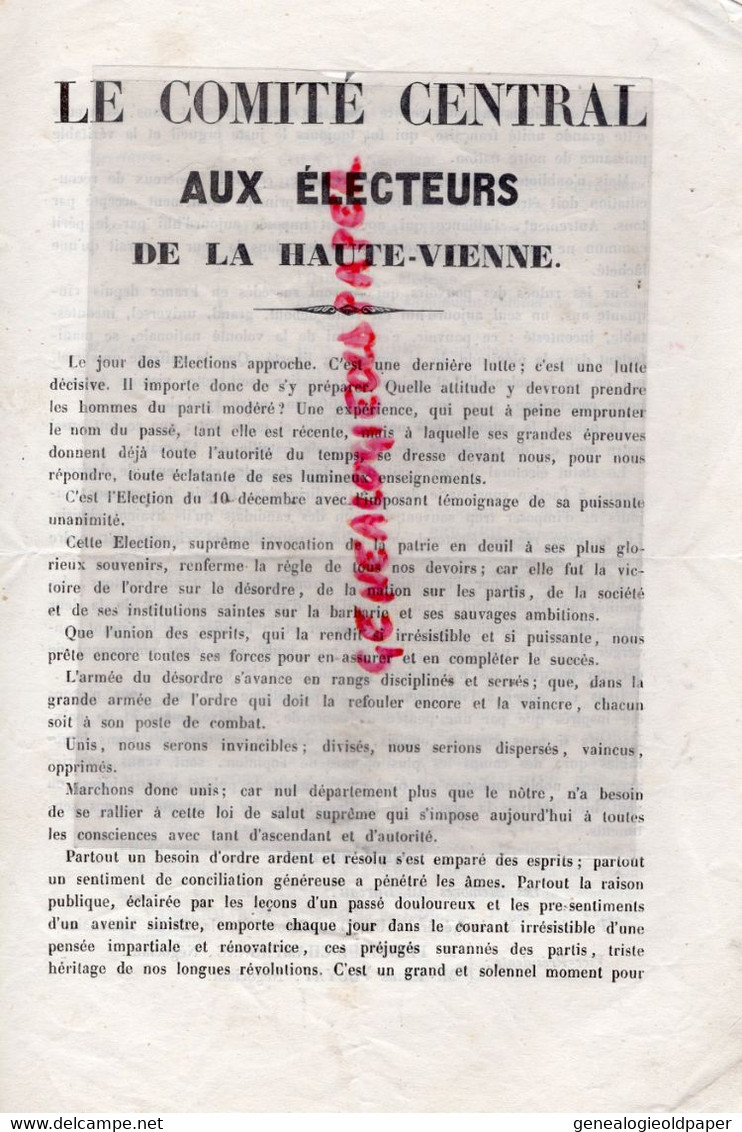 87-LIMOGES-LETTRE POLITIQUE COMITE CENTRAL AUX ELECTEURS HAUTE VIENNE-PETINAUD CHAMPAGNAC-EMILE POUYAT-BARDINET-BARBOU - Historische Dokumente