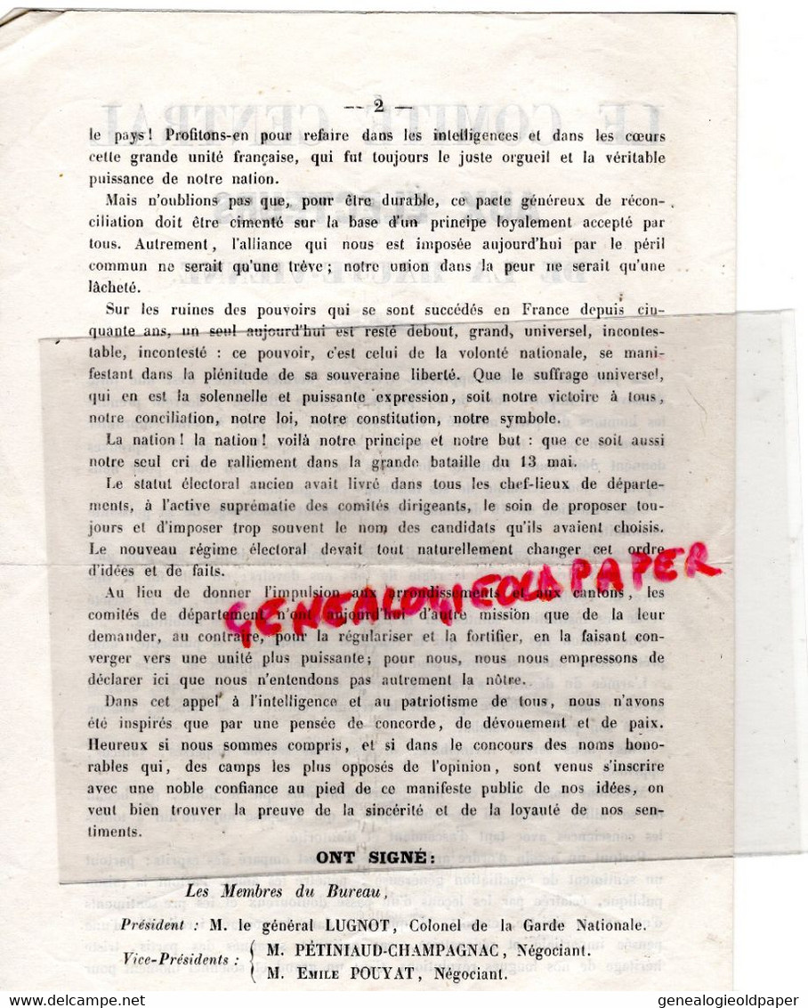 87-LIMOGES-LETTRE POLITIQUE COMITE CENTRAL AUX ELECTEURS HAUTE VIENNE-PETINAUD CHAMPAGNAC-EMILE POUYAT-BARDINET-BARBOU - Historische Dokumente