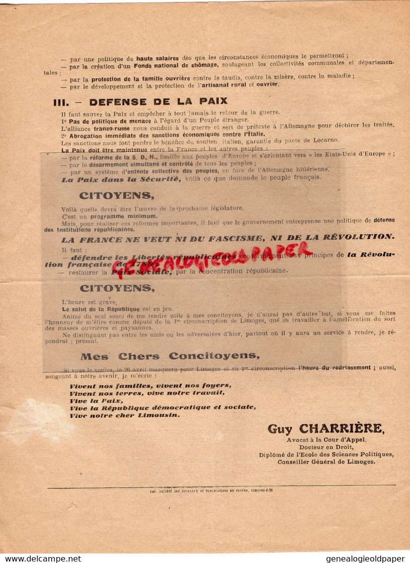 87-LIMOGES-LETTRE POLITIQUE ELECTIONS LEGISLATIVES 1936-SOCIALISTE -SOCIALISME GUY CHARRIERE AVOCAT COUR APPEL- - Historische Dokumente