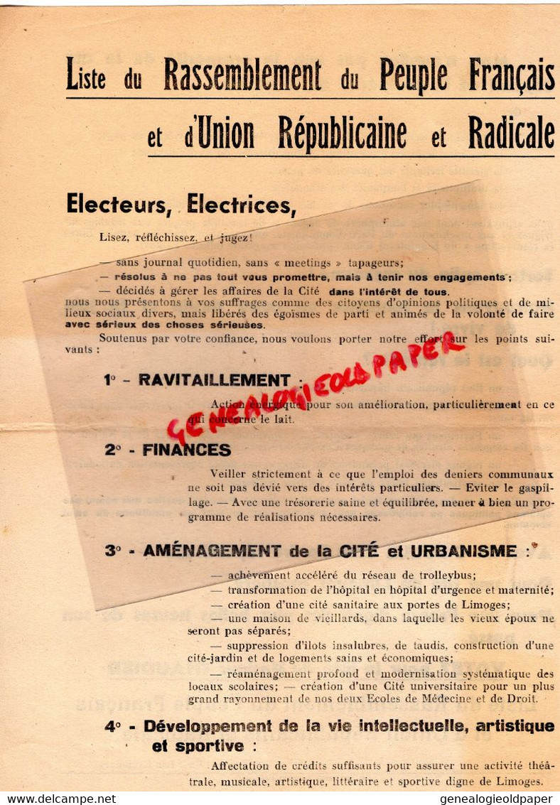 87-LIMOGES- ELECTIONS LEGISLATIVES 1936-LISTE RASSEMBLEMENT PEUPLE FRANCAIS UNION REPUBLICAINE RADICALE PASTEUR CHAUDIER - Historische Dokumente