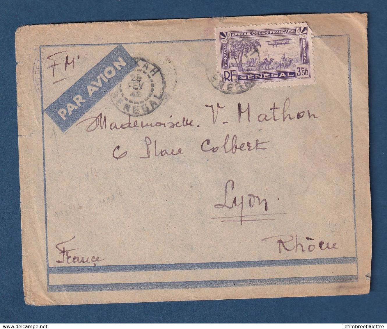 ⭐ Sénégal - Poste Aérienne - YT N° 7 Sur Lettre En Franchise Dont Seule La Surtaxe Aérienne Est Payée - 1942 ⭐ - Storia Postale