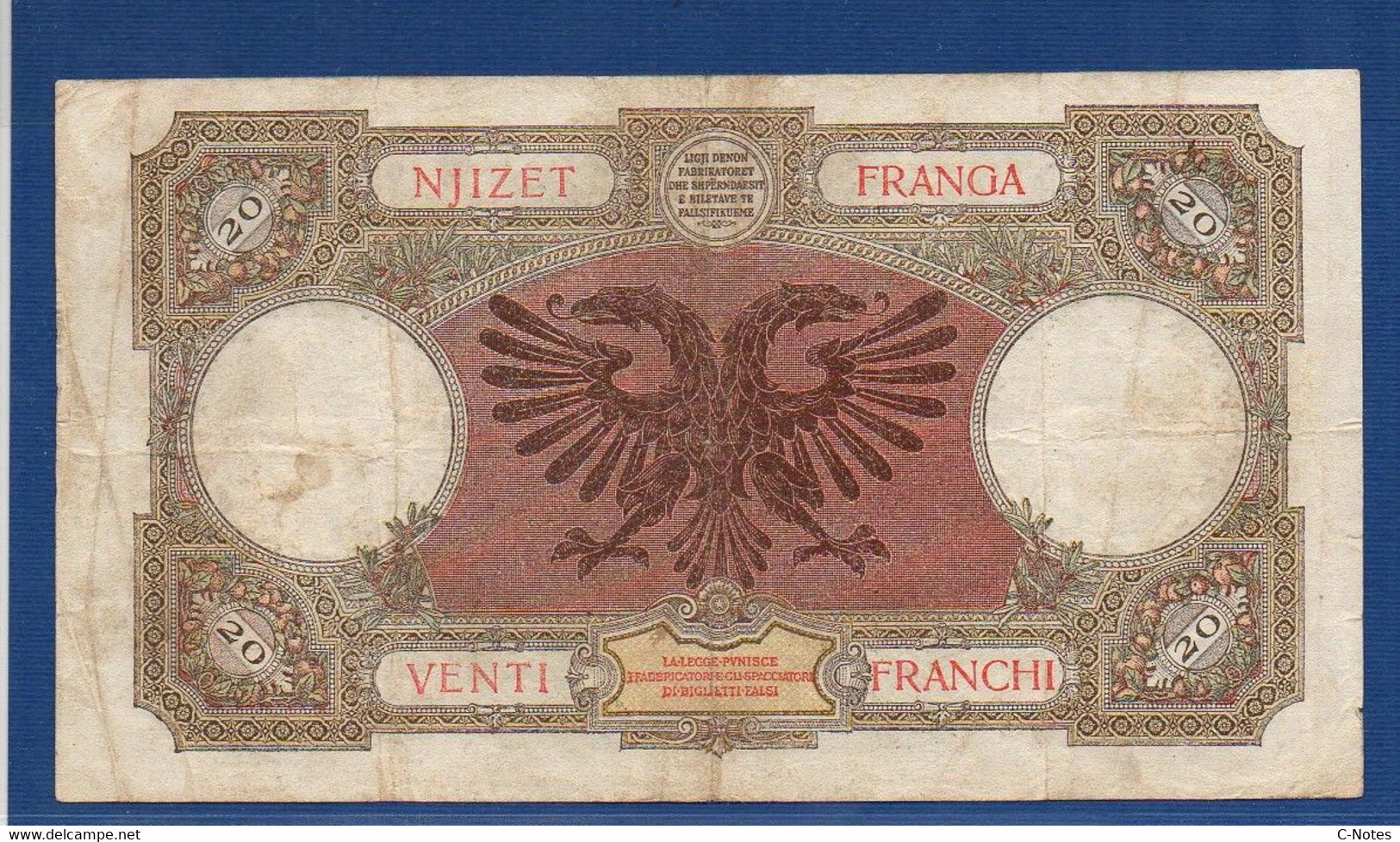 ALBANIA - Banca Nazionale D'Albania - P.7 – 20 Franga 1939 -  F+, Serie L20 5260 - Albania