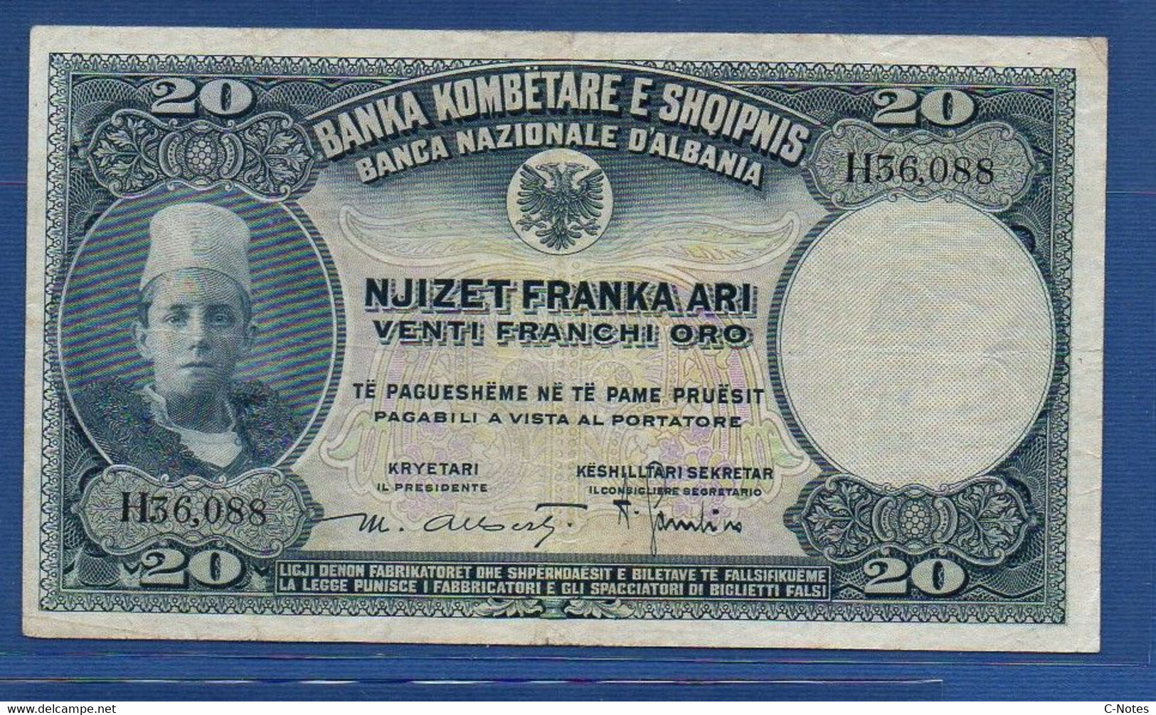 ALBANIA - Banca Nazionale D'Albania - P. 3 – 20 Franka 1926 -  AVF, Serie H36,088 - Albanië