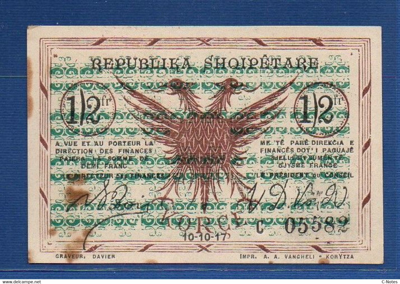 ALBANIA -  P.S145c – 1/2 Franc 1917 -  XF, Serie C 05582 - Albania