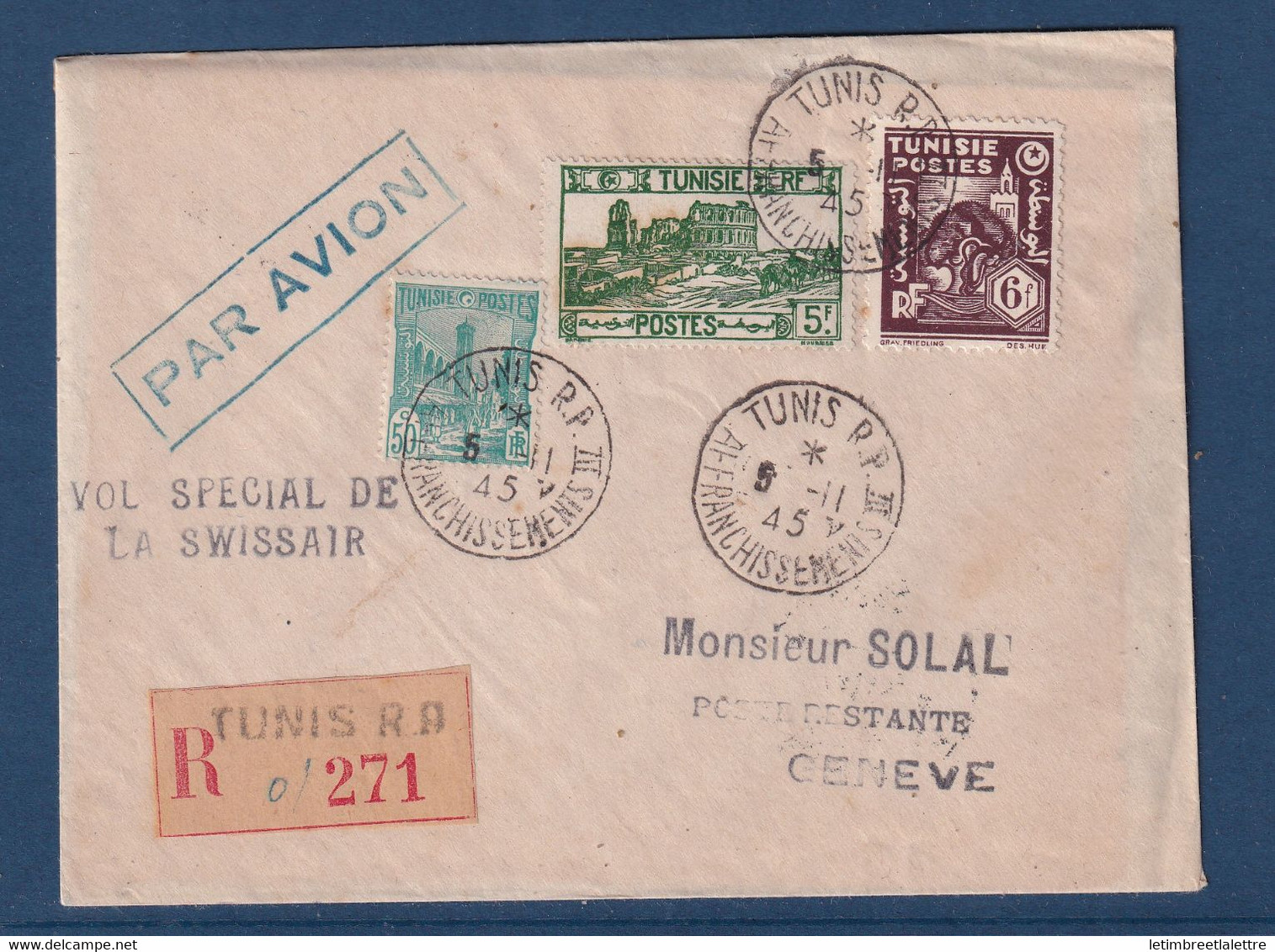 ⭐ Tunisie - Par Avion - Recommandé - Vol Spécial De La Swissair - Tunis RP - 1945 ⭐ - Luchtpost