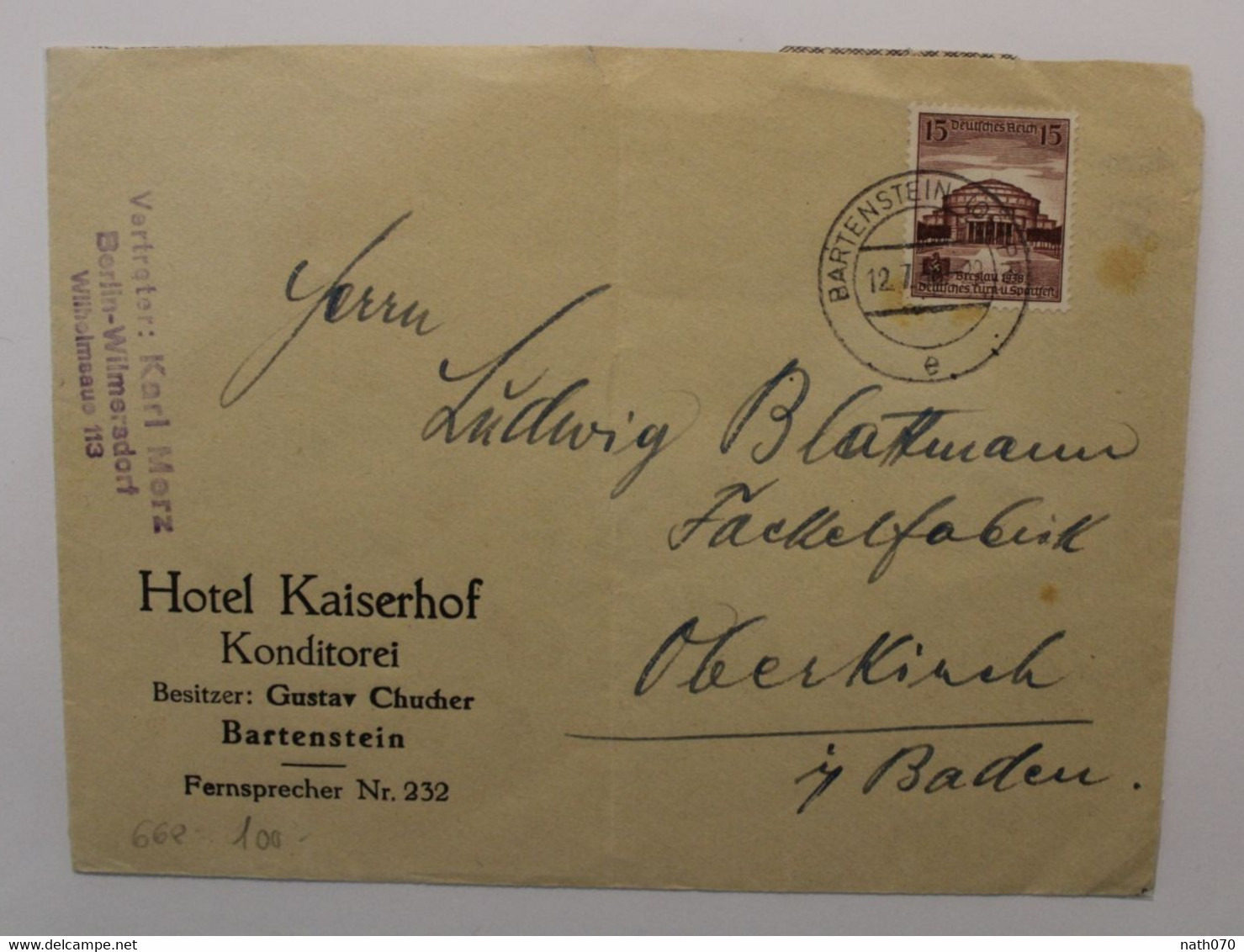 1938 Hotel Kaiserhof Bartenstein Bartoszyce Dt Reich Allemagne Cover Mi 668 - Covers & Documents