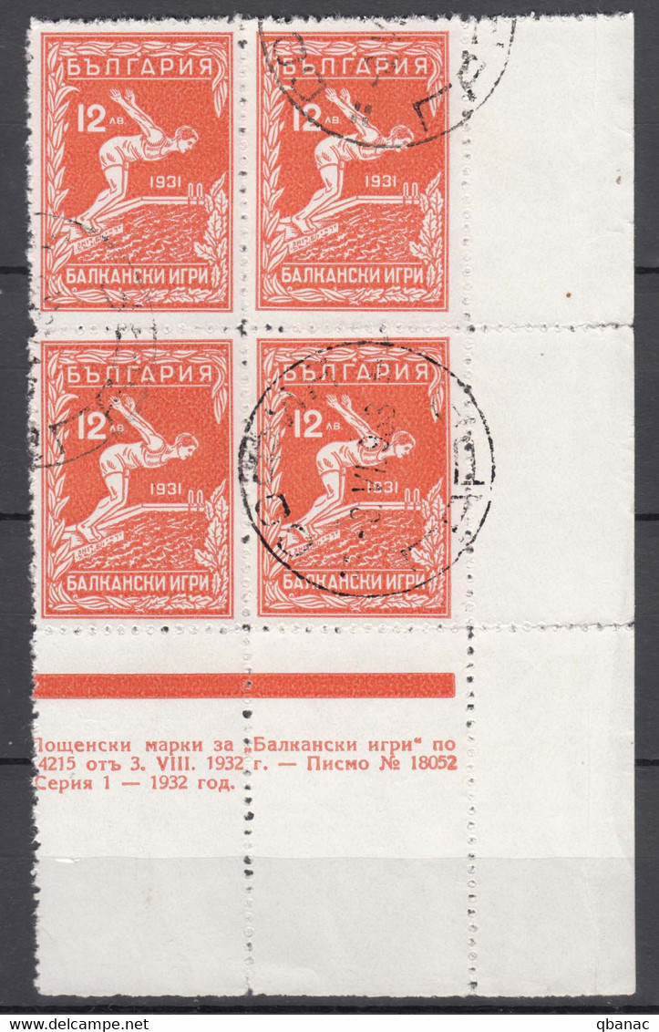 Bulgaria 1933 Sport Balkan Games Mi#257 Used Piece Of 4 - Used Stamps