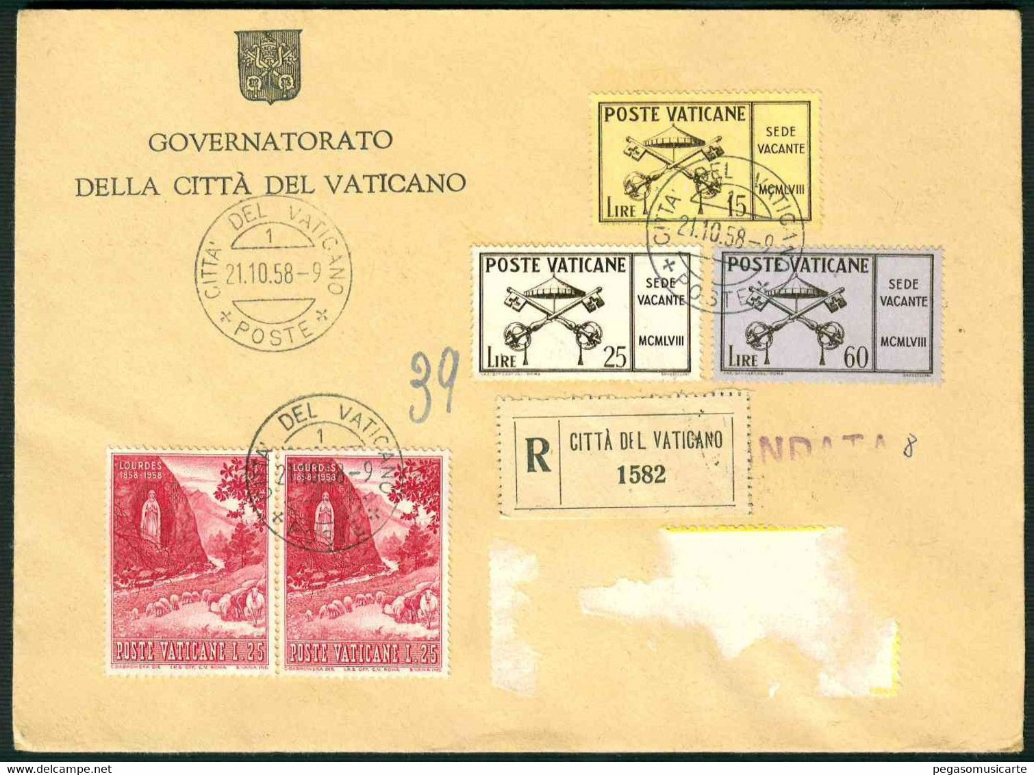 CLI 127 - STORIA POSTALE - GOVERNATORATO CITTA' DEL VATICANO RACCOMANDATA 1958 SEDE VACANTE - Covers & Documents
