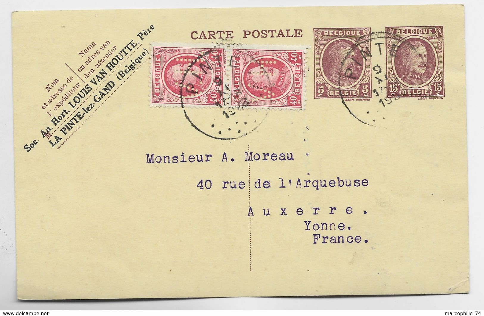 BELGIQUE PERFIN PERFORE 40C PAIRE V.H. SUR ENTIER 15C +5C CARTE POSTALE PINTE LES GAND REPIQUAGE VAN HOUTTE 1928 - 1909-34