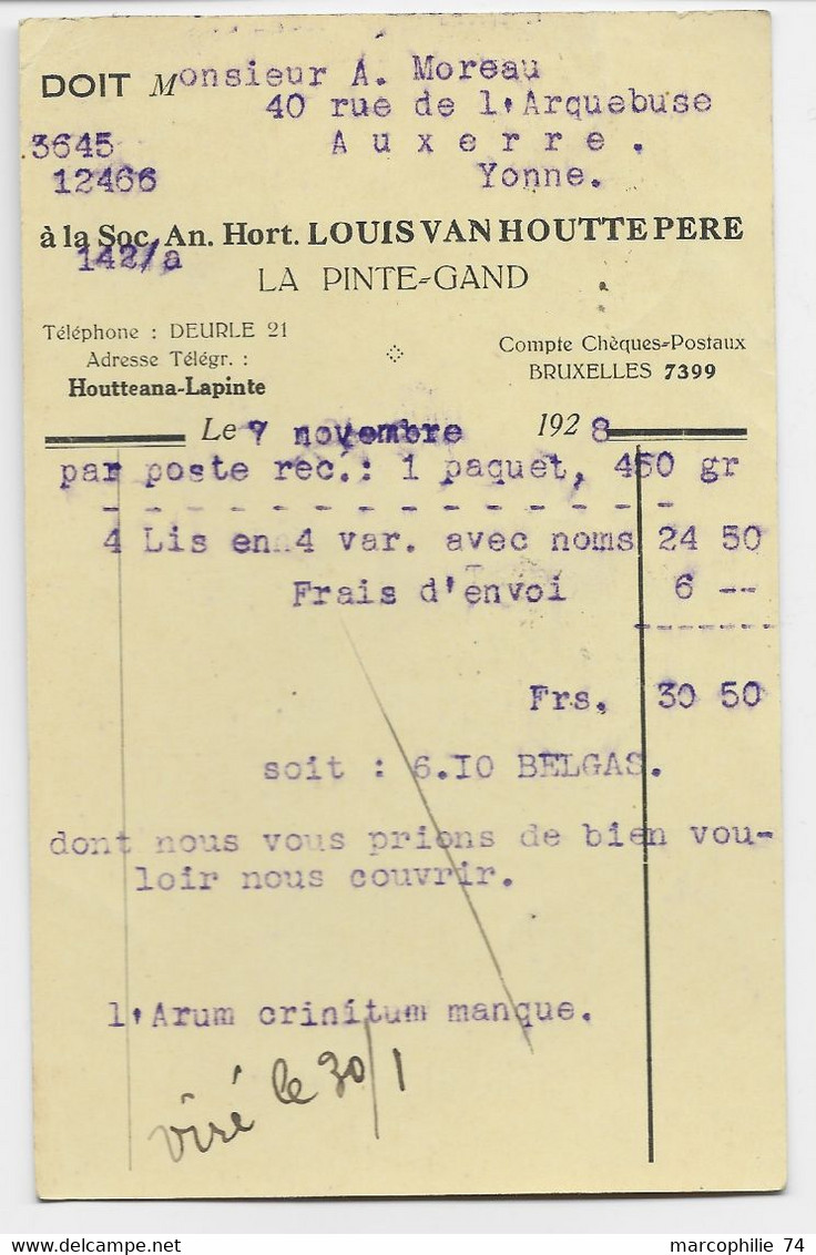 BELGIQUE PERFIN PERFORE 40C PAIRE V.H. SUR ENTIER 15C +5C CARTE POSTALE PINTE LES GAND REPIQUAGE VAN HOUTTE 1928 - 1909-34