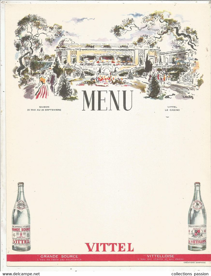 Menu, VITTEL, Le Casino, GRANDE SOURCE, VITTELLOISE, 270 X 210 Mm, Frais Fr 2.00 E - Menus