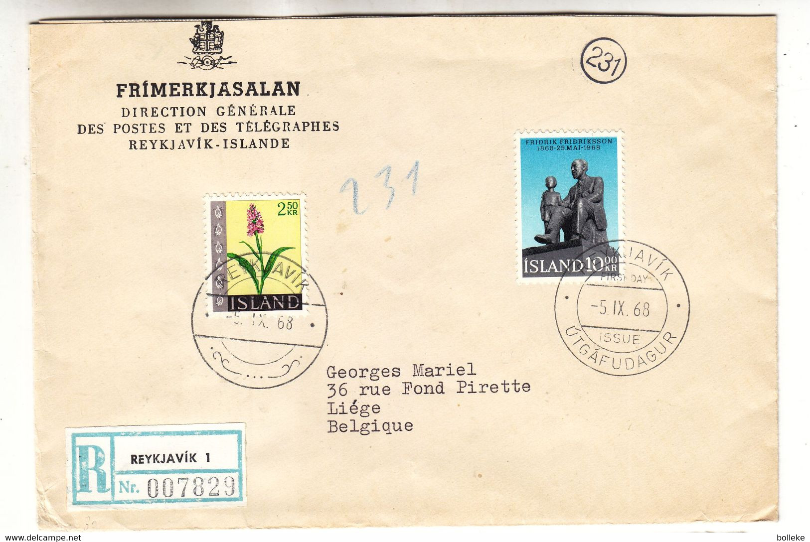 Islande - Lettre Recom De 1968 - Oblit Reykjavik - Fleurs- - Brieven En Documenten