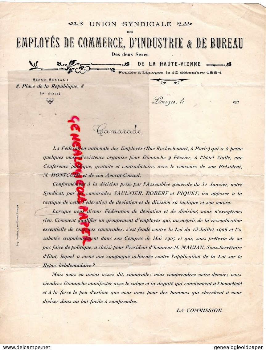 87-LIMOGES-POLITIQUE UNION SYNDICALE EMPLOYES COMMERCE INDUSTRIE BUREAU -8 PLACE REPUBLIQUE 1907-MAUJAN-SAULNIER- - Documentos Históricos