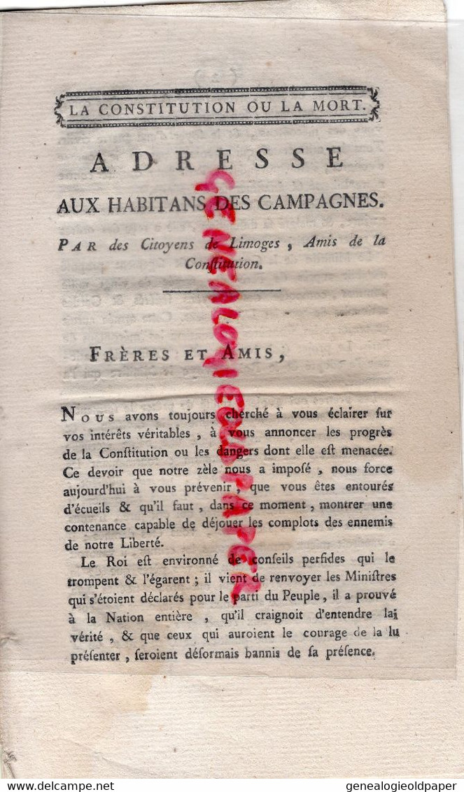 87-LIMOGES-POLITIQUE LA CONSTITUTION OU LA MORT-ASSEMBLEE NATIONALE -ROI-MINISTRE GUERRE ROYAUME-ARISTOCRATE EMPIRE - Historische Dokumente