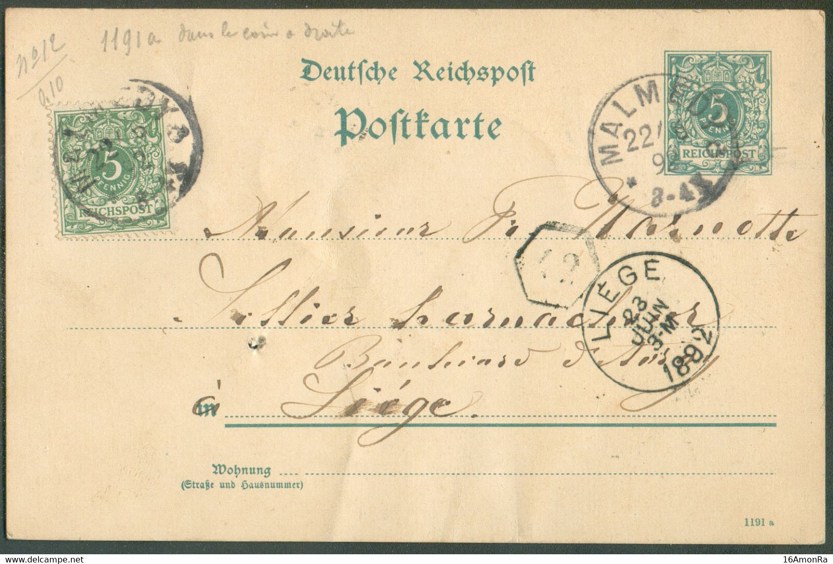 E.P. Carte Allemagne 5 Pfg + 5pfg Obl. Sc MALMEDY 22-6-1892 Vers Liège (Cantons De L'Est)     - 20758 - Tarjetas 1871-1909