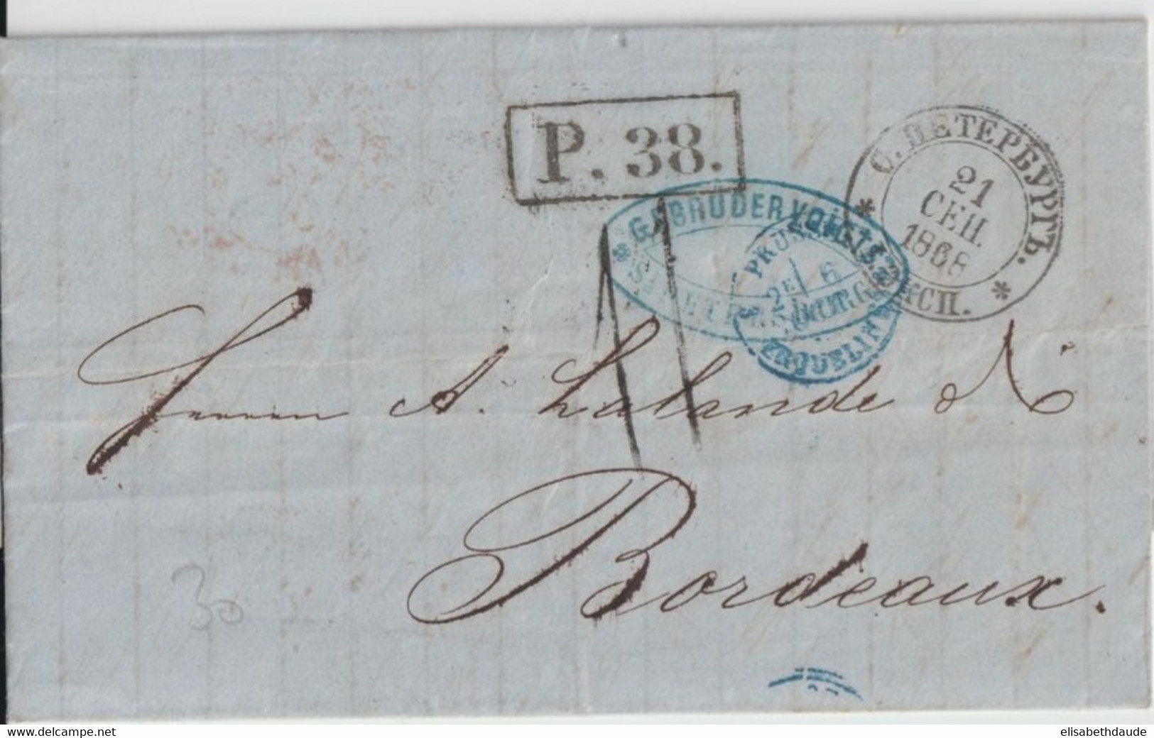 1868 - RUSSIE - LETTRE De ST PETERSBOURG => BORDEAUX ENTREE Par PRUSSE - Lettres & Documents