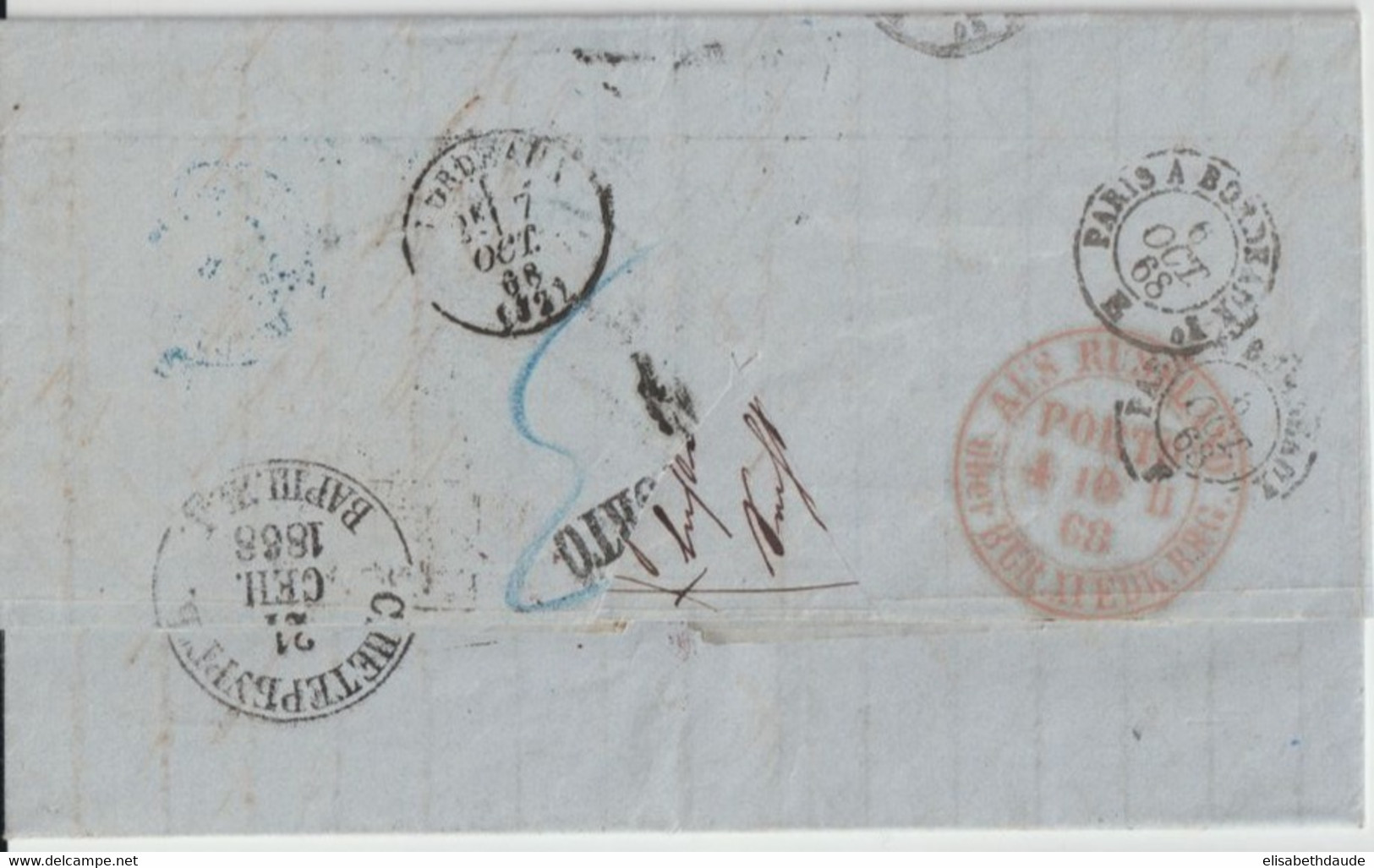 1868 - RUSSIE - LETTRE De ST PETERSBOURG => BORDEAUX ENTREE Par PRUSSE - Storia Postale