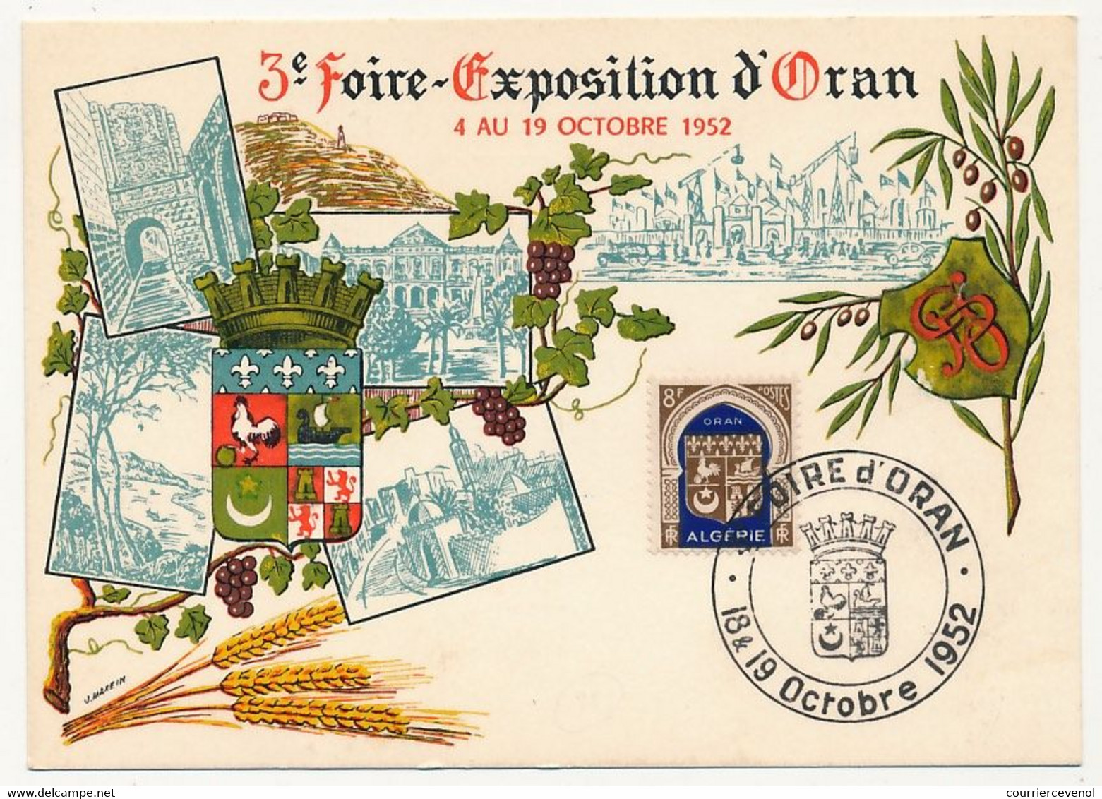 ALGERIE - Carte Maximum 8f Blason D'Oran - Obl Foire D'Oran 18/19 Octobre 1952 - Cartes-maximum