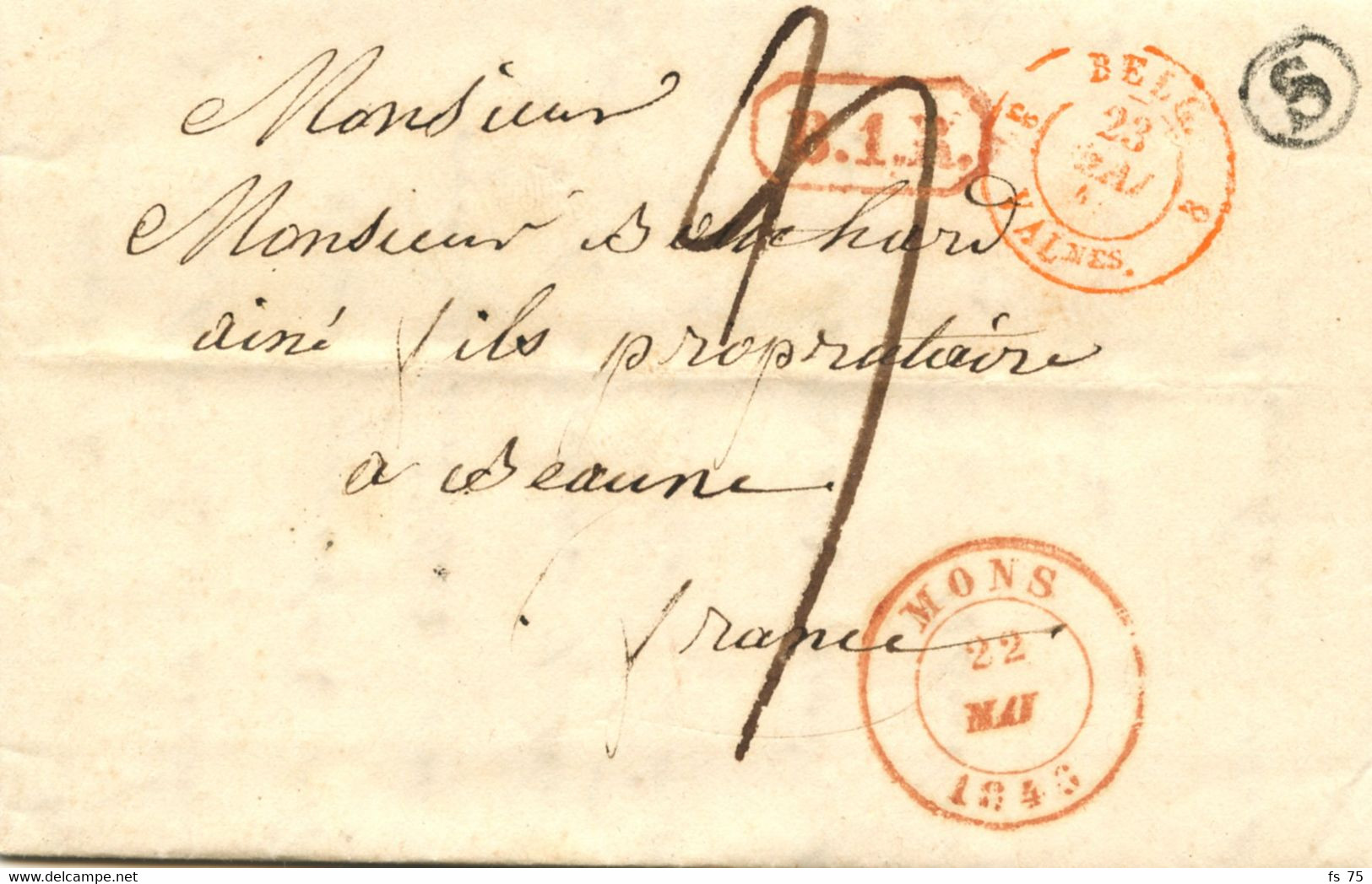 BELGIQUE - CAD MONS + BOITE S SUR LETTRE AVEC CORRESPONDANCE DE HARMIGNIES POUR LA FRANCE, 1846 - 1830-1849 (Unabhängiges Belgien)