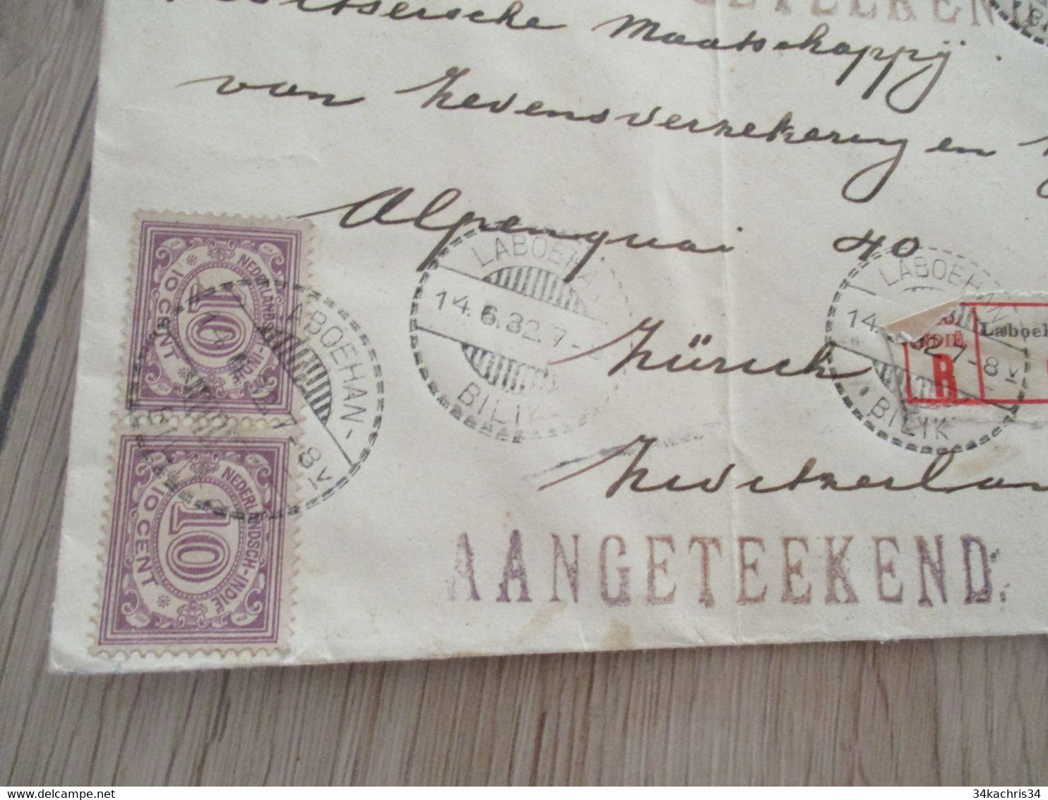 Lettre Pays Bas Nederland Indie En Recommandé Laboehhanbilik Old Stamps Par Avion   1932 - Indes Néerlandaises