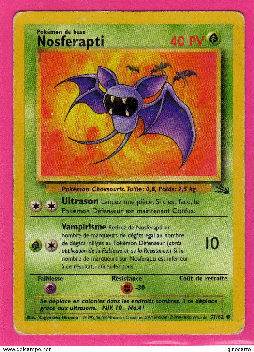 Carte Pokemon Francaise 1995 Wizards Fossile 57/62 Nosferapti 40pv En L'etat - Wizards
