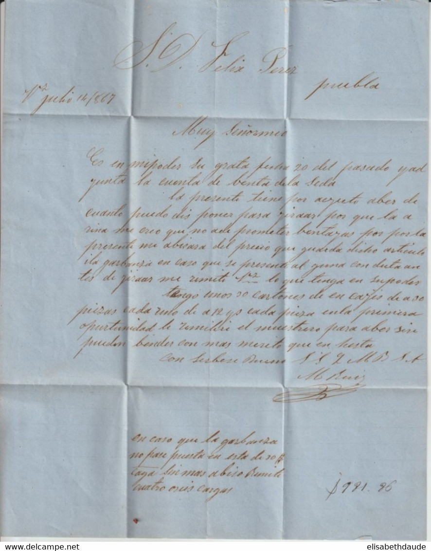 1867 - MEXIQUE - LETTRE De VERA CRUZ (CACHET FRANQUEADO SUP !) => PUEBLA - Mexique