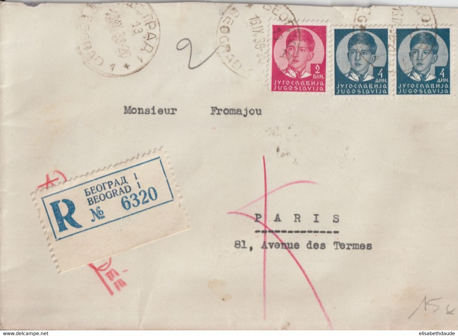 1938 - YOUGOSLAVIE - ENVELOPPE RECOMMANDEE De BELGRADE => PARIS - Briefe U. Dokumente