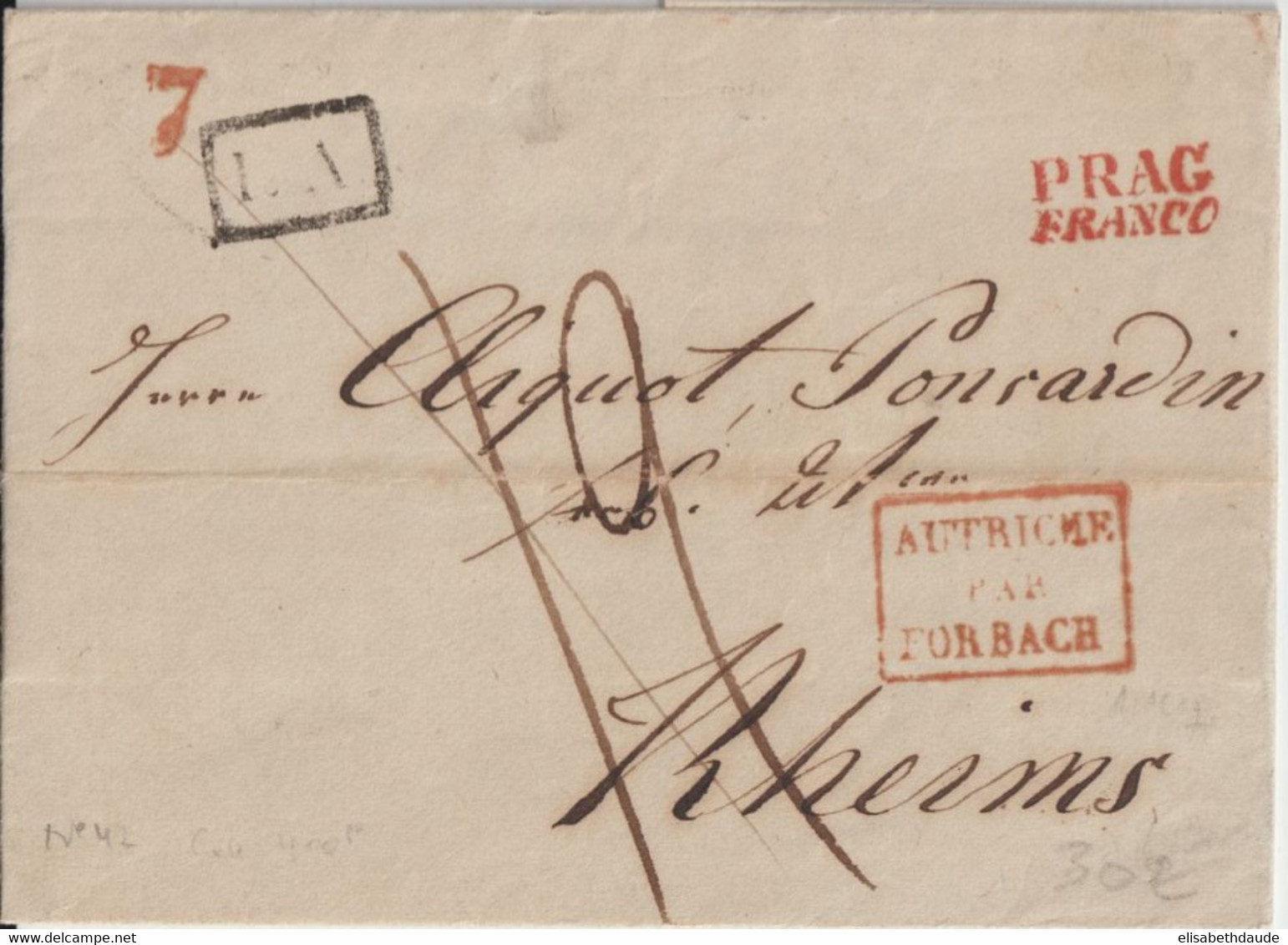 1837 - AUTRICHE / BOHEME - LETTRE FRANCO ! De PRAGUE Avec ENTREE Par FORBACH ! => REIMS - Marques D'entrées