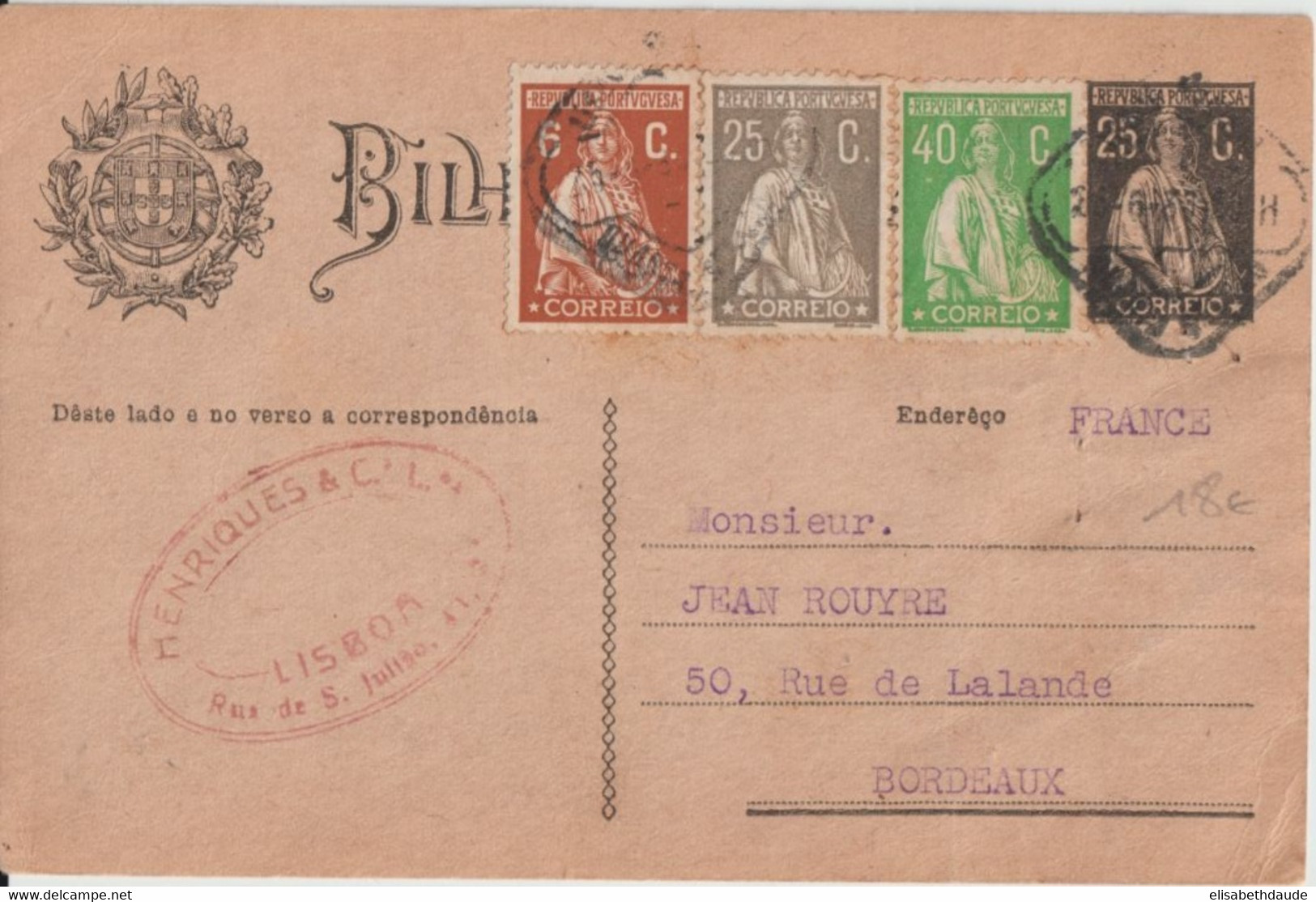 1930 - PORTUGAL - CP ENTIER Avec SUPERBE COMPLEMENT TRICOLORE De LISBONNE => BORDEAUX - Enteros Postales