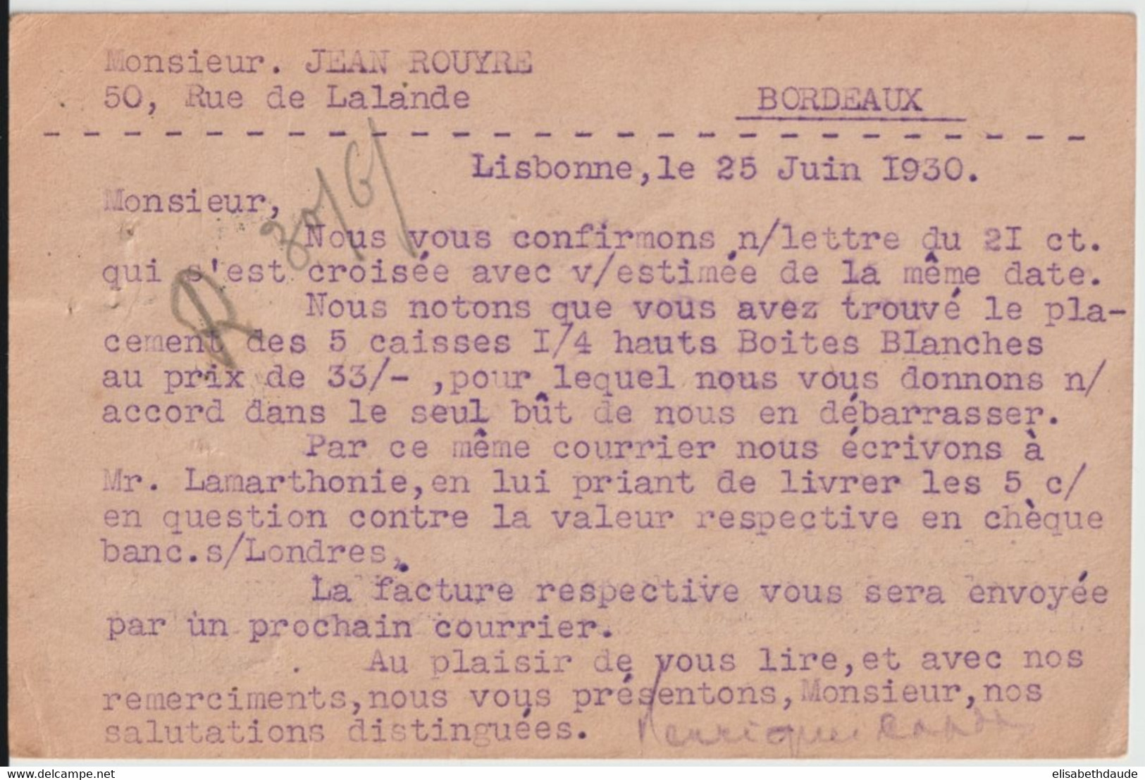 1930 - PORTUGAL - CP ENTIER Avec SUPERBE COMPLEMENT TRICOLORE De LISBONNE => BORDEAUX - Postal Stationery
